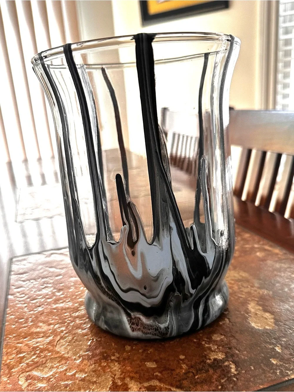 Hand crafted abstract Art Glass Vase with Black Drip Design
